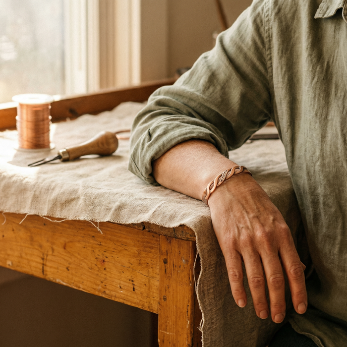 Stone-Embellished Knitted Copper Bracelet