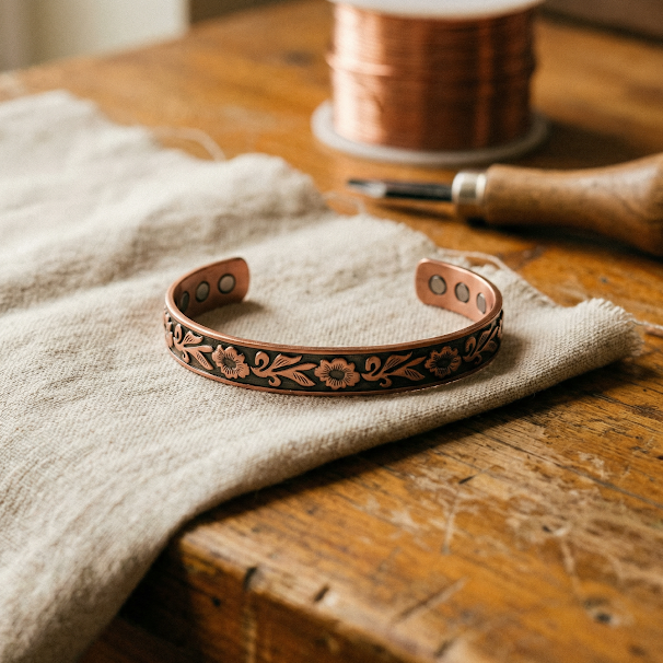 Bronze Magnetic Bracelet Featuring Grape and Floral Designs