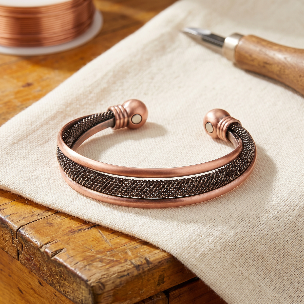 Spiral and Bead Bronze Bracelet