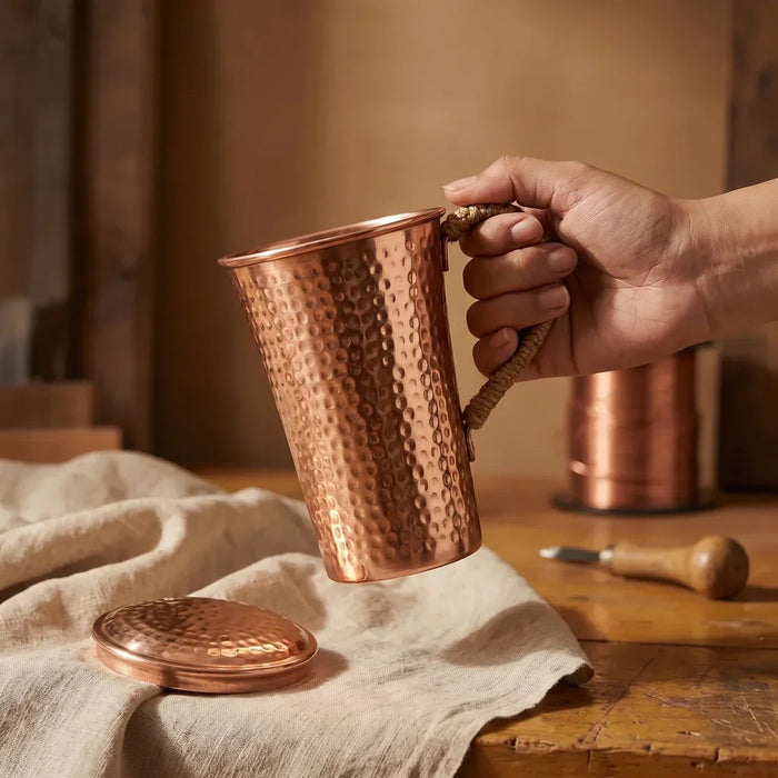 Leather-Handled Hammered Copper Mug