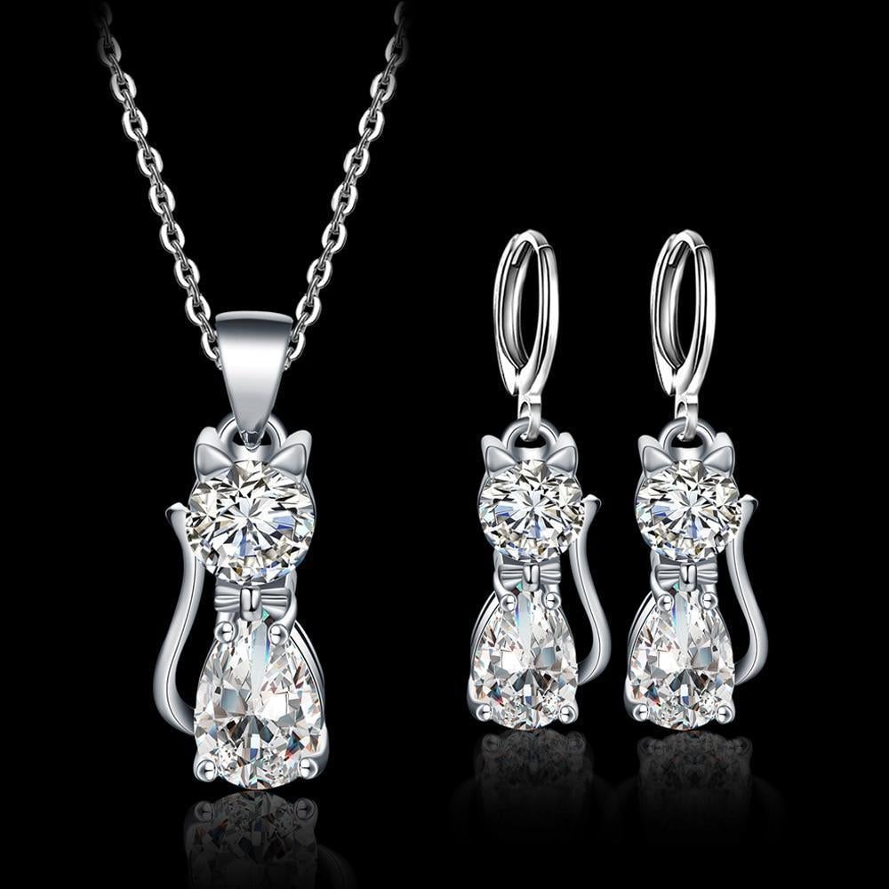 Necklace and Earring Set – Happy Silver Cats with Polished Zirconia