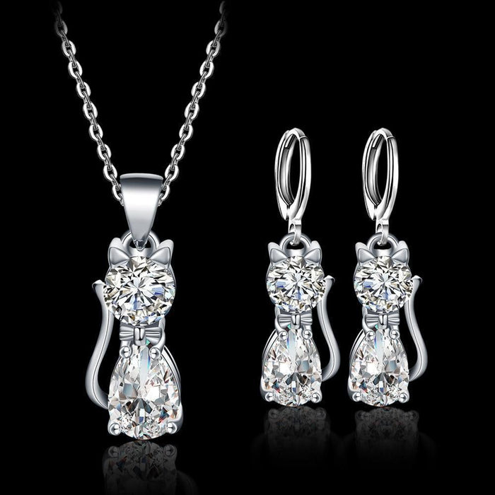 Necklace and Earring Set – Happy Silver Cats with Polished Zirconia